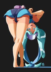 Rule 34 | 1girl, automatic giraffe, barefoot, bent over, blue eyes, blue hair, creatures (company), crossover, feet, game freak, hat, hatsune miku, highres, long hair, nintendo, pokemon, project voltage, shorts, tan, tanline, twintails, vocaloid, water miku (project voltage)