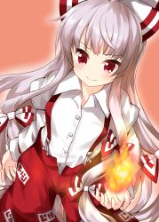 Rule 34 | 1girl, bow, buttons, closed mouth, collared shirt, fire, from above, fujiwara no mokou, hair bow, highres, juliet sleeves, long hair, long sleeves, multicolored bow, multiple bows, ofuda, ofuda on clothes, orange background, pants, puffy sleeves, pyrokinesis, red bow, red eyes, red pants, ruu (tksymkw), shirt, silver hair, simple background, smile, solo, standing, suspenders, touhou, v-shaped eyebrows, very long hair, white bow, white shirt