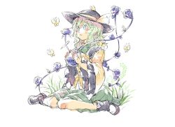 Rule 34 | 1girl, animal, animal on head, animal on shoulder, ankle boots, blue eyes, blush, boots, bow, bug, butterfly, cosmic (crownclowncosmic), eyeball, flower, grass, green hair, hat, hat bow, hat ribbon, heart, heart of string, holding, bug, komeiji koishi, long sleeves, md5 mismatch, on head, resized, ribbon, short hair, simple background, sitting, sketch, skirt, solo, string, third eye, touhou, wariza, white background, wide sleeves