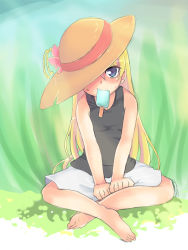Rule 34 | 1girl, bad id, bad pixiv id, barefoot, blonde hair, blue eyes, blush, food, food in mouth, full body, hat, hat over one eye, indian style, long hair, mouth hold, one eye covered, pani poni dash!, popsicle, rebecca miyamoto, shappo (dodosyappo), sitting, skirt, solo, summer, sweat, tank top, v arms
