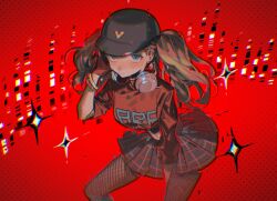 Rule 34 | 1girl, baseball cap, blonde hair, blue eyes, blush, bracelet, checkered clothes, checkered skirt, closed mouth, crop top, digital dissolve, earrings, expressionless, fingerless gloves, fishnet pantyhose, fishnets, gloves, hand on own ear, hat, headphones, headphones around neck, highres, jewelry, long hair, looking at viewer, pantyhose, persona, persona 5, persona 5: dancing star night, persona dancing, pkunooo, pleated skirt, red gloves, red shirt, shirt, simple background, skirt, solo, sparkle, stud earrings, takamaki anne, twintails