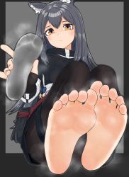 Rule 34 | 1girl, 3cc1a, animal ears, arknights, barefoot, black border, black gloves, black hair, border, closed mouth, dirty, feet, fingerless gloves, fingernails, foot focus, foreshortening, full body, gloves, grey background, highres, holding, jacket, long hair, long sleeves, looking at viewer, nail polish, pantyhose, pink nails, shoe insert, simple background, soles, solo, steam, texas (arknights), toes, white jacket, wolf ears, wolf girl, yellow eyes