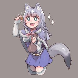 Rule 34 | + +, 1girl, :3, animal ear fluff, animal ears, aqua eyes, blunt bangs, blush, breasts, capelet, coin, cropped legs, dress, elbow gloves, es (eisis), fang, fingerless gloves, fur-trimmed capelet, fur trim, gloves, grey background, hataage! kemono michi, highres, holding, kemonomichi, light purple hair, long hair, looking at viewer, medium breasts, moneybag, purple capelet, purple dress, shigure (kemonomichi), simple background, solo, tail, white gloves, wolf ears, wolf girl, wolf tail
