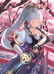 Rule 34 | 1girl, absurdres, architecture, arm guards, armor, ayaka (genshin impact), black gloves, blunt bangs, breastplate, breasts, bridal gauntlets, bridge, cherry blossoms, choker, cleavage, closed eyes, commentary request, east asian architecture, falling petals, fence, genshin impact, gloves, grey hair, hair ornament, hair ribbon, highres, holding, holding sword, holding weapon, i ruru, japanese clothes, long hair, petals, petals on liquid, ponytail, ribbon, river, short sleeves, sidelocks, solo, sword, tree, tress ribbon, weapon, wind