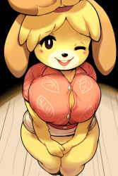 Rule 34 | 1girl, animal crossing, animal ears, animal nose, black eyes, blonde hair, blush stickers, breasts, breasts squeezed together, buck teeth, bursting breasts, cleavage, commentary, covering privates, covering crotch, curvy, dog ears, dog girl, english commentary, fewer digits, from above, full body, furry, furry female, grunt frostwolf, hawaiian shirt, highres, isabelle (animal crossing), large breasts, looking at viewer, miniskirt, nintendo, one eye closed, pink shirt, shirt, short hair, shortstack, skirt, solo, teeth, thick thighs, thighs, topknot, v arms, white skirt, yellow fur