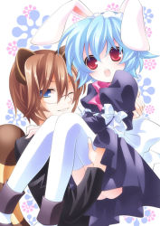 Rule 34 | 10s, 1boy, 1girl, :d, animal ears, bad id, bad pixiv id, blue hair, blush, brown hair, bunny (trickster), bunny maid (trickster), dress, flower, glasses, grin, hairband, hat, maid, maid headdress, moru, one eye closed, open mouth, rabbit ears, raccoon (trickster), raccoon ears, raccoon tail, red eyes, ribbon, short hair, smile, tail, thighhighs, trickster (ntreev soft), white thighhighs, zettai ryouiki