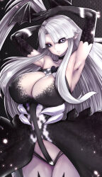 Rule 34 | 1girl, alternate hair color, arm behind head, arm over head, armpits, arms up, bare shoulders, bat wings, black bow, black choker, black gloves, black sclera, black skirt, bow, breasts, choker, cleavage, closed mouth, collarbone, colored sclera, covered erect nipples, elbow gloves, gloves, grey hair, hair ornament, heart, high side ponytail, highres, holding, large breasts, long hair, looking at viewer, machigatta ko wo mahou shoujo ni shite shimatta, magic, magical girl, official art, pointy ears, purple eyes, revealing clothes, ribbon, showgirl skirt, shuusai nako, side ponytail, sidelocks, skirt, solo, souryu, thighs, underwear, very long hair, wings