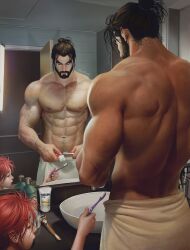 Rule 34 | 1boy, 1girl, abs, aenaluck, artist name, bara, beard, black hair, carlnes (aenaluck), child, closed eyes, closed mouth, facial hair, highres, holding, holding toothbrush, large pectorals, male focus, muscular, muscular male, navel, nipples, original, pectorals, red hair, short hair, toothbrush, toothpaste, towel, towel around waist