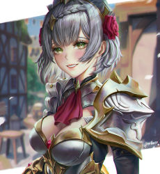 Rule 34 | 1girl, absurdres, armor, artofkuzu, ascot, blurry, blurry background, braid, breasts, cleavage, commentary, day, english commentary, eyelashes, flower, genshin impact, green eyes, hair flower, hair ornament, highres, looking at viewer, noelle (genshin impact), outdoors, petals, red ascot, red flower, red rose, rose, short hair, silver hair, smile, solo, twitter username, upper body