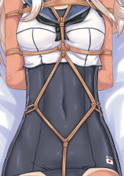 Rule 34 | 10s, 1girl, bdsm, blonde hair, bondage, bound, crop top, cyber (cyber knight), head out of frame, kantai collection, long hair, ro-500 (kancolle), rope, school swimsuit, school uniform, serafuku, shibari, solo, swimsuit, swimsuit under clothes, tan, tanline