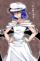 Rule 34 | 1girl, alternate costume, aoshima, bare shoulders, bat wings, collarbone, dress, hands on own hips, light purple hair, looking at viewer, off shoulder, red eyes, remilia scarlet, serious, shaded face, short hair, solo, touhou, translation request, white dress, wings