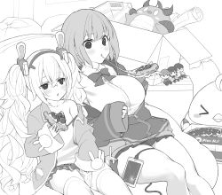 Rule 34 | 2girls, :o, animal ears, azur lane, beer can, bird, blush, bow, bowtie, box, breasts, cable, camisole, can, candy, cardboard box, cellphone, character doll, chick, collarbone, collared shirt, commentary request, cracked screen, drink can, fake animal ears, food, gridman universe, hair between eyes, hair ornament, hairband, hibiki yuuta, highres, holding, holding candy, holding food, jacket, jewelry, laffey (azur lane), large breasts, long hair, long sleeves, manjuu (azur lane), multiple girls, off shoulder, open clothes, open jacket, pantyhose, phone, piwka, pizza, pizza box, pizza hut, pizza slice, pleated skirt, rabbit ears, ring, school uniform, shinjou akane, shirt, short hair, sidelocks, single bare shoulder, sitting, skirt, sleeves past wrists, smartphone, ssss.gridman, strap slip, stuffed toy, takarada rikka, thighhighs, trash bag, twintails, utsumi shou, very long hair, white camisole, white hair, white shirt, white thighhighs, zettai ryouiki