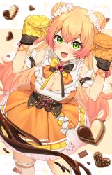 Rule 34 | 1girl, absurdres, blonde hair, bow, breasts, candy, chocolate, chocolate heart, cleavage, double bun, dress, fang, food, green eyes, hair bun, heart, highres, hololive, large breasts, long hair, momosuzu nene, oven mitts, reiji-rj, solo, valentine, virtual youtuber