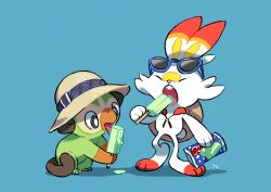 Rule 34 | blue-framed eyewear, closed eyes, commentary request, creatures (company), eating, eyewear on head, game freak, gen 8 pokemon, grookey, hat, hat on back, clothed pokemon, hemhemhoo, highres, holding, holding stick, licking, nintendo, open mouth, pokemon, pokemon (creature), scorbunny, standing, stick, sunglasses, sunglasses on head, toes, tongue, tongue out