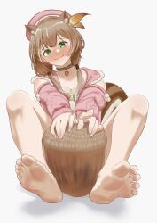 Rule 34 | 1girl, absurdres, acorn, aiharararara, animal ears, ayunda risu, barefoot, blush, brown hair, feet, green eyes, hat, highres, hololive, hololive indonesia, long hair, looking at viewer, pink hat, smile, soles, squirrel tail, tail, toes, virtual youtuber