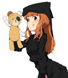 Rule 34 | 1girl, :q, bandages, black headwear, black pants, black shirt, blouse, blunt bangs, boko (girls und panzer), closed mouth, commentary, girls und panzer, hair up, holding, holding stuffed toy, kayabakoro, leaning forward, long hair, looking at viewer, orange eyes, orange hair, pants, ponytail, shirt, simple background, smile, solo, standing, stuffed animal, stuffed toy, takebe saori, teddy bear, tongue, tongue out, white background