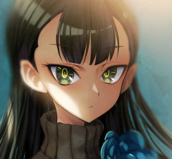 Rule 34 | 1girl, black hair, blue background, blue flower, blurry, closed mouth, cluseller, cropped, expressionless, female focus, flower, green eyes, long hair, looking at viewer, portrait, sasa kazamori, simple background, solo, turtleneck, un-go