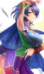 Rule 34 | 1girl, akehi yuki, arm up, armpits, bag, blue eyes, blue hair, blue panties, breasts, cape, closed mouth, cowboy shot, dress, hairband, index finger raised, large breasts, long sleeves, looking at viewer, multicolored clothes, multicolored dress, multicolored hairband, panties, pointing, pointing down, pointing up, short hair, simple background, sky print, solo, standing, tenkyuu chimata, touhou, underwear, white background, white cape, zipper