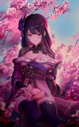 Rule 34 | 1girl, animal, animal ears, breasts, bridal gauntlets, cherry blossoms, closed mouth, commentary, floppy ears, flower, fox, fox ears, genshin impact, highres, japanese clothes, kimono, large breasts, long hair, low-braided long hair, low-tied long hair, mole, obi, obiage, obijime, petting, pink hair, purple eyes, purple flower, purple hair, purple kimono, purple nails, raiden shogun, rimuu, sash, sitting, sky, sleeping, symbol-only commentary, thighhighs, wide sleeves, yae miko