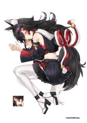 Rule 34 | 1girl, absurdres, animal ears, black hair, black serafuku, black shirt, black skirt, black sleeves, breasts, choker, closed eyes, copyright name, cropped shirt, detached sleeves, highres, hololive, miniskirt, multicolored hair, ookami mio, ookami mio (1st costume), red choker, red hair, school uniform, serafuku, shirt, sinomi, skirt, small breasts, streaked hair, tail, tail around own leg, thighhighs, virtual youtuber, white thighhighs, wolf ears, wolf girl, wolf tail