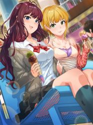 Rule 34 | 10s, 2girls, :3, bare shoulders, bench, black skirt, black socks, blonde hair, blouse, blue eyes, blush, bow, breasts, brown hair, building, camisole, cleavage, collarbone, eyelashes, food, from below, green eyes, ice cream, ice cream cone, ichinose shiki, idolmaster, idolmaster cinderella girls, jacket, kneehighs, lens flare, long hair, long sleeves, looking at viewer, makamati, medium breasts, miyamoto frederica, multiple girls, off shoulder, open clothes, open jacket, open mouth, outdoors, plaid, plaid bow, shirt, short hair, side-by-side, sitting, skirt, sleeveless, smile, socks, spaghetti strap, sparkle, white shirt