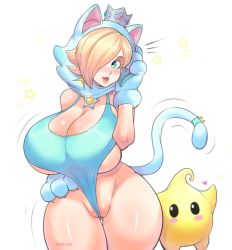 Rule 34 | 1girl, animal ears, animal hands, animal hood, artist name, blonde hair, blue eyes, blue gloves, blue leotard, blush, bouncing breasts, breasts, bursting breasts, cat ears, cat hood, cat tail, claws, cleavage, creature, crown, earrings, eyelashes, fake animal ears, fake tail, gloves, gluteal fold, groin, hair over one eye, hand on own hip, hand up, heart, hood, jewelry, large breasts, leotard, lips, looking at viewer, luma (mario), mario (series), motion lines, nintendo, nose, nostrils, notice lines, parted lips, partially visible vulva, paw gloves, pinkkoffin, rosalina, shiny skin, sideboob, simple background, smile, star (symbol), super mario 3d world, tail, tail wagging, thick thighs, thighs, underboob, undersized clothes, white background, wide hips