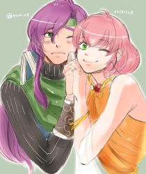 Rule 34 | 2girls, closed mouth, faris scherwiz, final fantasy, final fantasy v, green eyes, headband, highres, jewelry, lenna charlotte tycoon, long hair, looking at viewer, multiple girls, one eye closed, pink hair, purple hair, short hair, siblings, simple background, sisters, smile, toutoumi