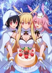 Rule 34 | 3girls, black hair, blonde hair, breasts, cake, coat, fate/grand order, fate (series), food, hat, highres, hildr (fate), hildr (ring the bell) (fate), holding, holding cake, holding food, looking at viewer, meiji ken, multiple girls, open mouth, ortlinde (fate), ortlinde (ring the bell) (fate), pink hair, red eyes, smile, snowflakes, thrud (fate), thrud (ring the bell) (fate), valkyrie (fate), white coat