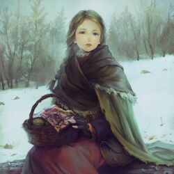 Rule 34 | 1girl, bag, basket, black gloves, blue eyes, braid, breath, brown hair, cloak, commentary, dress, expressionless, fingerless gloves, gloves, handkerchief, long hair, looking afar, moyahara, nature, original, outdoors, parted lips, red dress, shoulder bag, sitting, snow, solo, tree, winter, winter clothes