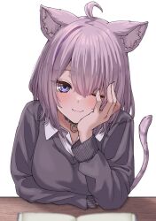 Rule 34 | 1girl, ;), animal ears, arm support, bisuke (isbsk ekaki), black sweater, book, breasts, cat ears, cat girl, cat tail, collar, head rest, highres, hololive, large breasts, long sleeves, looking at viewer, medium hair, nekomata okayu, one eye closed, purple eyes, purple hair, shirt, smile, sweater, tail, translation request, virtual youtuber, white background, white shirt