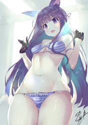 Rule 34 | 1girl, animal ears, bad id, bad twitter id, bikini, black gloves, bra, collarbone, commentary request, curtains, gloves, groin, highres, kasumi (princess connect!), long hair, looking at viewer, looking down, navel, noto kurumi, open mouth, panties, princess connect!, purple eyes, purple hair, signature, solo, standing, striped clothes, striped panties, swimsuit, underwear, window