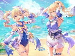 Rule 34 | 2girls, absurdres, anbe yoshirou, armpits, arms up, barbara (genshin impact), barbara (summertime sparkle) (genshin impact), bare shoulders, beach, belt, black bow, blonde hair, blue eyes, blue one-piece swimsuit, blue sky, blush, bow, breasts, chain, cleavage, cleavage cutout, closed mouth, clothing cutout, covered navel, detached sleeves, genshin impact, hair bow, high ponytail, highres, jean (genshin impact), jean (sea breeze dandelion) (genshin impact), large breasts, long hair, looking at viewer, medium breasts, multiple girls, official alternate costume, one-piece swimsuit, open mouth, outdoors, ponytail, rock, sand, shirt tucked in, shore, shorts, siblings, sidelocks, sisters, sky, smile, swimsuit, thighs, twintails, two-tone swimsuit, water, white headwear, white one-piece swimsuit