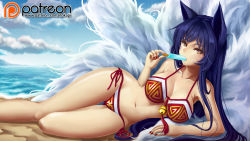Rule 34 | 1girl, ahri (league of legends), animal ears, arm support, artist name, bare arms, bare shoulders, beach, bell, bikini, blue hair, blush, breasts, cleavage, cloud, day, eating, facepaint, female focus, fingernails, food, fox ears, fox tail, gluteal fold, heterochromia, hip focus, horizon, ice cream, jingle bell, large breasts, league of legends, legs, long fingernails, long hair, looking at viewer, lying, md5 mismatch, multiple tails, nail polish, navel, nokapi, ocean, on side, orange eyes, outdoors, patreon, patreon username, popsicle, purple eyes, red bikini, red nails, sand, shore, side-tie bikini bottom, solo, stomach, swimsuit, tail, thigh gap, very long hair, watermark, web address