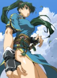 Rule 34 | 1girl, blue sky, breasts, cloud, cloudy sky, earrings, fingerless gloves, fire emblem, fire emblem: the blazing blade, from below, gloves, green eyes, green hair, high collar, highres, jewelry, katana, large breasts, long hair, lyn (fire emblem), nintendo, ponytail, shino (2919), sky, solo, sword, thighs, weapon