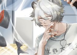 Rule 34 | 1boy, animal ears, arknights, bags under eyes, bandages, bandaid, bandaid on hand, bear boy, bear ears, bishounen, commentary, cutting, daimondai4, fish, grey eyes, grey hair, hand up, jaye (arknights), jaye (elite ii) (arknights), jewelry, kanji, male focus, necklace, open mouth, ring, ring necklace, scar, shirt, short hair, sleepy, solo, sweat, upper body, white shirt