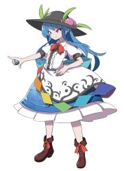 Rule 34 | 1girl, apron, black hat, blouse, blue dress, blue hair, boots, bow, bowtie, brown footwear, buttons, center frills, collared shirt, commentary request, dress, footwear ribbon, frills, full body, gogo no cochan, hand on own hip, hat, hat bow, highres, hinanawi tenshi, long hair, peach hat ornament, poke ball, puffy short sleeves, puffy sleeves, rainbow order, red bow, red bowtie, red eyes, red ribbon, ribbon, shirt, short sleeves, simple background, solo, touhou, very long hair, waist apron, wave print, white apron, white background, white shirt