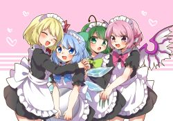 Rule 34 | 4girls, alternate costume, antennae, apron, bird wings, black dress, blonde hair, blue eyes, blue hair, blue neckwear, bow, bowtie, cirno, claws, closed eyes, commentary request, cowboy shot, dress, earrings, enmaided, fang, green eyes, green hair, hair ribbon, hand on another&#039;s shoulder, heads together, heart, heart background, holding, holding hands, holding tray, hug, jewelry, long sleeves, looking at another, looking at viewer, maid, maid apron, maid headdress, multiple girls, mystia lorelei, nail polish, namino., open mouth, partial commentary, pink background, pink hair, pink neckwear, purple eyes, red neckwear, ribbon, rumia, short hair, single earring, skin fang, standing, team 9 (touhou), touhou, tray, two-tone background, white background, wings, wriggle nightbug, yellow neckwear