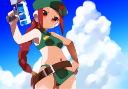 Rule 34 | 1girl, belt, beret, bikini, braid, breasts, cloud, commentary request, green bikini, green hat, hat, holding, holding water gun, kaidou zx, long hair, looking at viewer, mega man (series), mega man zero (series), navel, red eyes, red hair, robot ears, sky, small breasts, soolo, swimsuit, unnamed female soldier (mega man zero), water gun