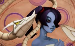 Rule 34 | blue skin, colored skin, commentary request, hair over one eye, highres, leviathan (skullgirls), orange background, pale skin, portrait, red eyes, sansenyama, side ponytail, skullgirls, smile, solo, squigly (skullgirls), stitched mouth, stitches, yellow eyes, zombie