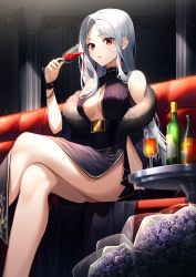 Rule 34 | 1girl, absurdres, alcohol, bare legs, bare shoulders, black dress, bottle, breasts, couch, cup, dress, drinking glass, feather boa, highres, holding, huge filesize, crossed legs, long hair, looking at viewer, medium breasts, no bra, on couch, original, pelvic curtain, red eyes, silver hair, sitting, sleeveless, sleeveless dress, solo, star-ring, thighs, wine