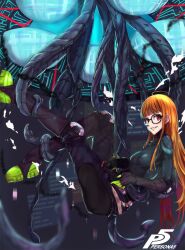 Rule 34 | 1girl, ahoge, black bodysuit, blunt bangs, bodysuit, breasts, copyright name, elbow pads, from side, full body, glasses, goggles, grin, highres, holding, holding goggles, kitemaple, knee pads, long hair, looking at viewer, orange hair, persona, persona 5, red eyes, sakura futaba, skin tight, small breasts, smile, solo, tentacles, unworn goggles, very long hair