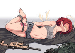 Rule 34 | 1girl, arknights, bare arms, bare legs, bare shoulders, barefoot, bdsm, black shorts, blush, bondage, bound, commentary request, crop top, cuffs, exusiai (arknights), gag, gagged, glasses, gun, halo, handcuffs, hogtie, improvised gag, kataokasan, lying, midriff, navel, nose blush, on side, open fly, red hair, rifle, sex toy, short hair, short shorts, shorts, solo, sports bra, stomach, tape, tape gag, thigh strap, thighs, unworn eyewear, vibrator, vibrator under clothes, weapon, white background