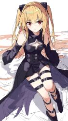 Rule 34 | 1girl, arms at sides, bare shoulders, black shirt, black skirt, black sleeves, blonde hair, blush, breasts, cleavage cutout, clothing cutout, commentary, detached sleeves, foot out of frame, hair between eyes, hair intakes, highres, konjiki no yami, long hair, long sleeves, looking at viewer, miniskirt, parted lips, red eyes, shirt, sidelocks, simple background, sitting, sketch, skirt, sleeveless, sleeveless shirt, small breasts, solo, thigh strap, thighs, to love-ru, tsurime, two side up, white background, wide sleeves, yanagi marie