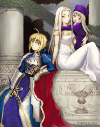 Rule 34 | 3girls, age difference, ahoge, armor, armored dress, artoria pendragon (all), artoria pendragon (fate), bad id, bad pixiv id, blonde hair, breasts, caliburn (fate), cleavage, dress, fate/stay night, fate/zero, fate (series), gauntlets, green eyes, hair ribbon, hat, hug, illyasviel von einzbern, irisviel von einzbern, irisviel von einzbern (angel&#039;s song), kenen tanabata, long hair, mother and daughter, multiple girls, pink eyes, purple hat, ribbon, robe, saber (fate), silver hair, sword, weapon