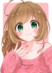 Rule 34 | 1girl, absurdres, ahoge, alternate costume, bare shoulders, blush, blush stickers, brown hair, chiaki1126iove, collarbone, green eyes, highres, idolmaster, idolmaster cinderella girls, looking at viewer, nail polish, off shoulder, outside border, pink sweater, sato shin, shirt, side ponytail, simple background, sleeveless, sleeveless shirt, sleeves past wrists, smile, solo, sweater, upper body