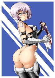 Rule 34 | 1girl, arched back, ass, back-seamed legwear, bandages, black gloves, blood, bloody weapon, bottomless, cleaning, cleaning weapon, elbow gloves, fate/apocrypha, fate (series), fingerless gloves, gloves, grey eyes, holding, holding weapon, jack the ripper (fate/apocrypha), knife, looking back, no panties, pout, purple hair, scar, seamed legwear, shorts, simple background, sirat111, solo, stitches, striped, striped background, weapon