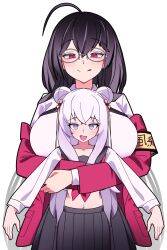 Rule 34 | + +, absurdres, age difference, ahoge, alternate costume, armband, azur lane, bespectacled, black hair, black skirt, breasts, crossed bangs, double bun, fang, glasses, hair bun, height difference, highres, jacket, large breasts, le malin (azur lane), looking at viewer, midriff, off-shoulder jacket, off shoulder, official alternate costume, open mouth, pleated skirt, red eyes, red jacket, school uniform, serafuku, skirt, taihou (azur lane), taihou (sweet time after school) (azur lane), tongue, tongue out, tsunderemaids, white hair, yellow armband