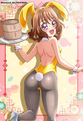 Rule 34 | 1girl, :d, animal ears, ass, back, backless leotard, bamboo steamer, braid, brown hair, commentary, dated, delicious party precure, detached collar, egasumi, fake animal ears, fake tail, from behind, grey footwear, grey pantyhose, hanamichi ran, hanzou, high heels, highres, holding, holding tray, leg up, leotard, looking at viewer, looking back, medium hair, open mouth, pantyhose, playboy bunny, precure, purple eyes, rabbit ears, rabbit tail, shadow, smile, solo, standing, standing on one leg, strapless, strapless leotard, tail, thong leotard, tray, twin braids, twitter username, wrist cuffs, yellow leotard