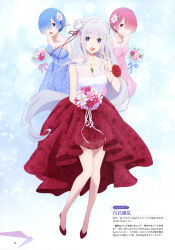 Rule 34 | 3girls, absurdres, bad source, bare shoulders, blue eyes, blue hair, blue pupils, blunt bangs, bouquet, breasts, bright pupils, cleavage, dress, emilia (re:zero), flower, frills, grey hair, hair flower, hair ornament, hair over one eye, hair ribbon, highres, holding, holding bouquet, long hair, looking at viewer, maid, maid headdress, multiple girls, open mouth, pink eyes, pink hair, pink ribbon, pointy ears, purple eyes, purple ribbon, ram (re:zero), re:zero kara hajimeru isekai seikatsu, red eyes, rem (re:zero), ribbon, rose, roswaal mansion maid uniform, short hair, siblings, sisters, smile, thighhighs, white flower, white hair, white rose, x hair ornament