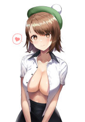Rule 34 | 1girl, black skirt, blush, breasts, bright pupils, brown eyes, brown hair, cleavage, closed mouth, collared shirt, creatures (company), dress shirt, female focus, game freak, gloria (pokemon), greem bang, green hat, hat, heart, highres, large breasts, looking at viewer, navel, nintendo, no bra, open clothes, open shirt, pokemon, pokemon swsh, shirt, simple background, skirt, smile, solo, spoken heart, tam o&#039; shanter, upper body, white background, white shirt